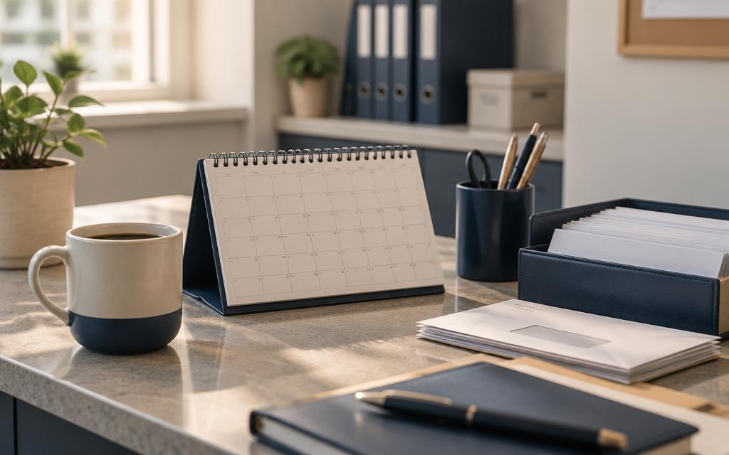 A desk calendar, filed envelopes and a coffee cup on an office counter